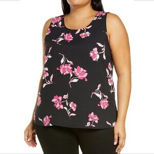 Halogen sleeveless shell blouse shirt top black pink floral print women new 2X